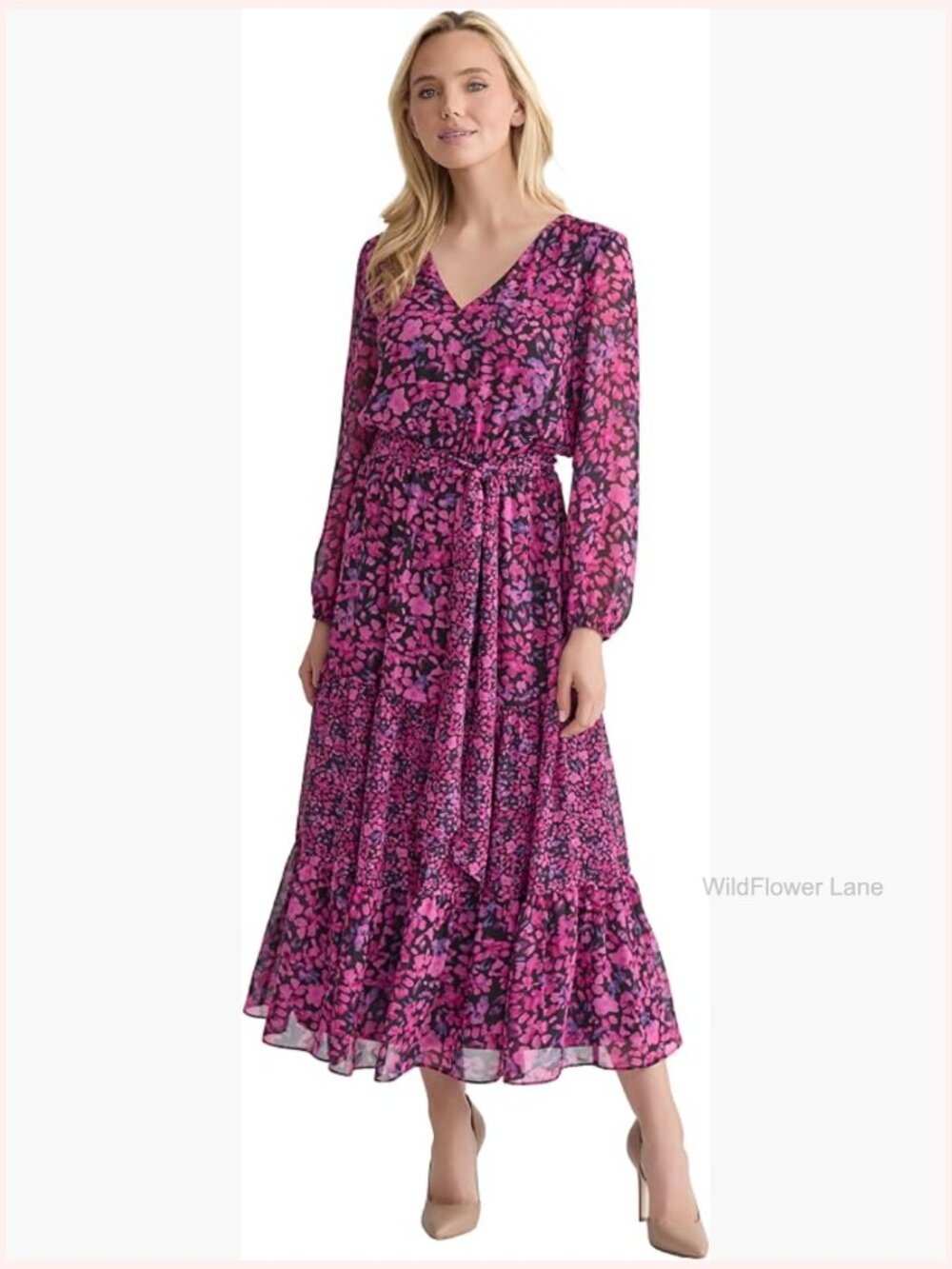 Printed V-Neck Maxi Dress with Pockets - Picture 1 of 3